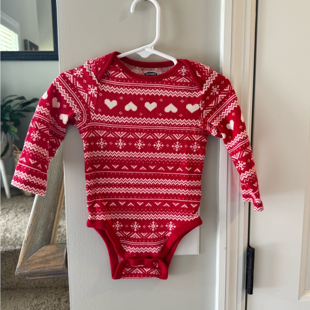 Old Navy Red and White Fair Isle Bodysuit Cozy Winter One Piece